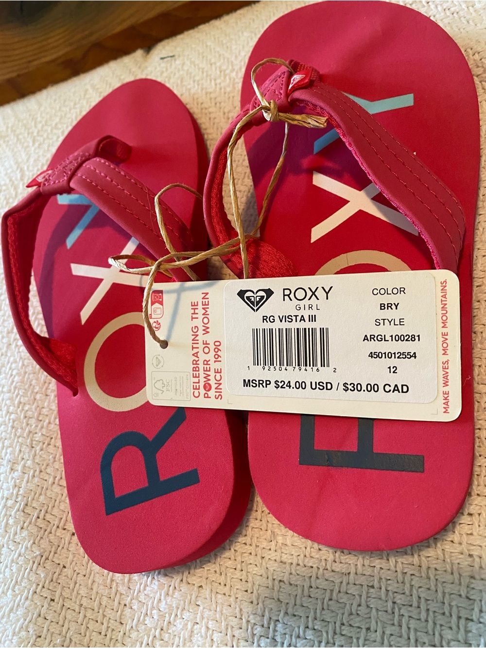 NWT Roxy Kids Hot Pink Logo Flip Flops